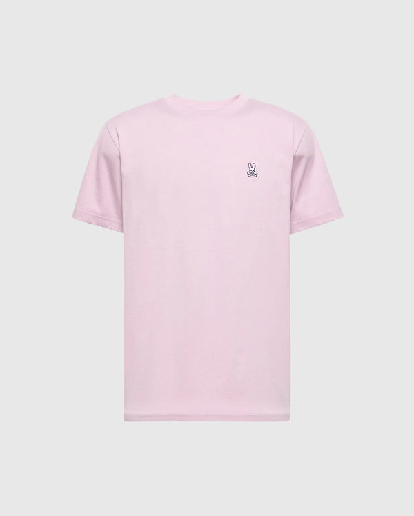 The Psycho Bunny Men's Classic Crew Neck Tee (B6U014F200) is a versatile, light pink T-shirt made from 100% pima cotton. It features a crewneck design, short sleeves, and a small embroidered bunny emblem on the left chest set against a plain light gray background for effortless style.