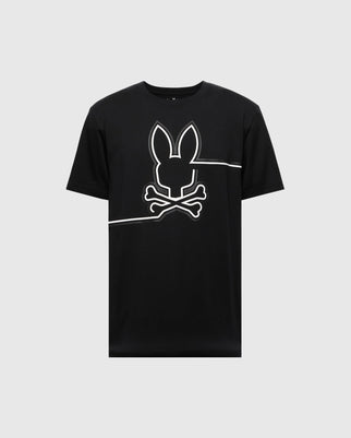 The Psycho Bunny MENS CHESTER GRAPHIC TEE (B6U022D200) features a black Pima cotton design with a centered white bunny head and crossbones graphic, embodying quality craftsmanship made in Peru.