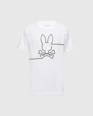 The Psycho Bunny MENS CHESTER GRAPHIC TEE - B6U022D200 is a white Pima Cotton shirt featuring a black rabbit head with crossbones outline. Made in Peru, it blends quality with edgy style for an effortlessly cool look.