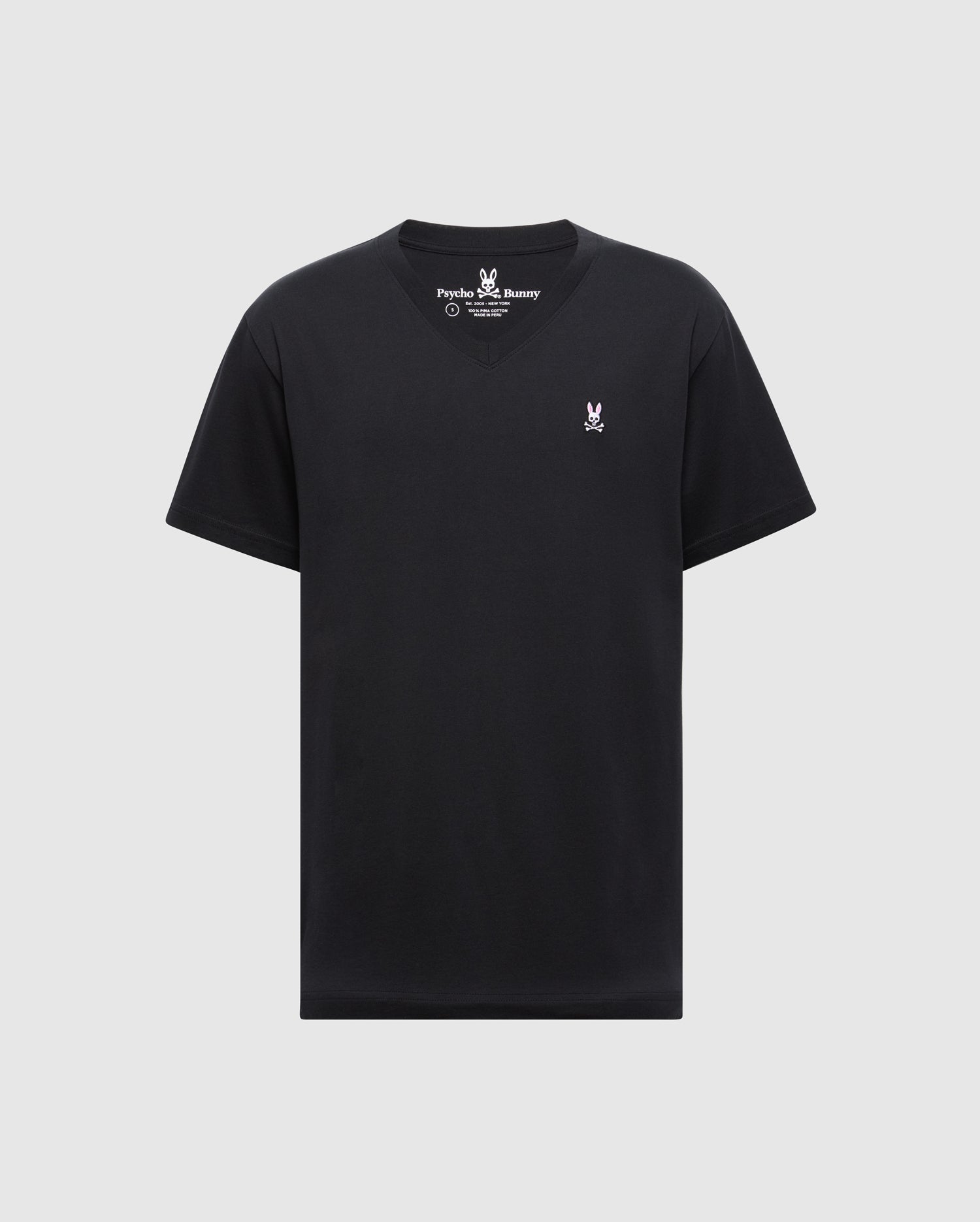 The MENS CLASSIC V NECK TEE - B6U100ARPC by Psycho Bunny is a black Pima cotton T-shirt featuring a small white logo near the left chest, set against a plain light gray background.