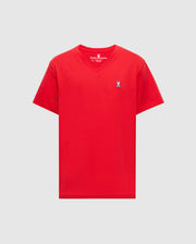 The Psycho Bunny MEN'S CLASSIC V NECK TEE - B6U100CRPC, in red Pima cotton, has a blue embroidered logo on the left chest. Pictured on a white background, it seamlessly combines style and comfort.