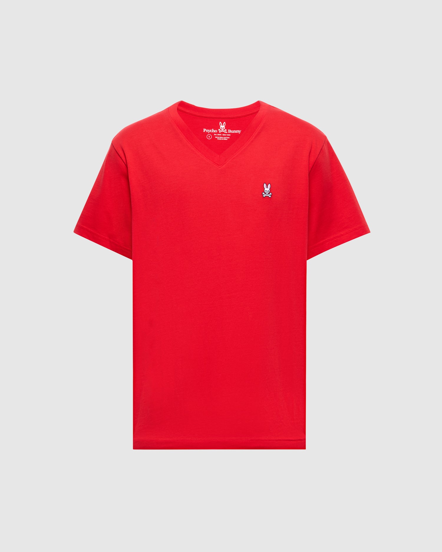 The Psycho Bunny MEN'S CLASSIC V NECK TEE - B6U100CRPC, in red Pima cotton, has a blue embroidered logo on the left chest. Pictured on a white background, it seamlessly combines style and comfort.