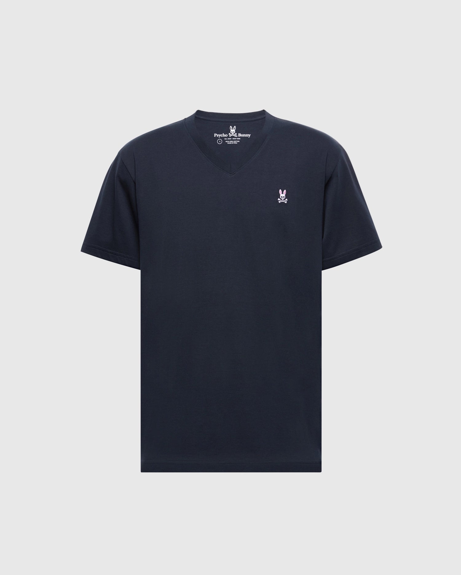 The Psycho Bunny MENS CLASSIC V NECK TEE - B6U100ARPC is a sleek Pima cotton t-shirt with a small white rabbit logo on the left chest, set against a plain backdrop.