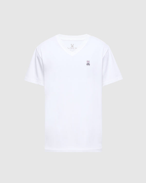 Crafted from 100% Pima cotton with a small embroidered rabbit logo on the left chest, the Psycho Bunny MENS CLASSIC V NECK TEE - B6U100ARPC offers comfort and style. This white, short-sleeved tee is made in Peru and stands out against a plain light gray background.