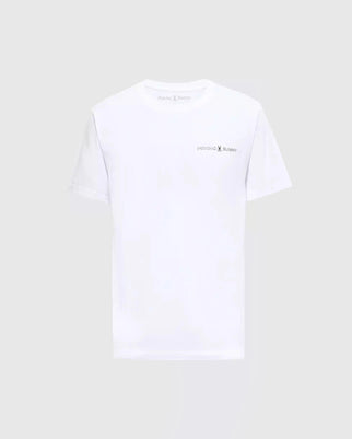 The MENS LONMONT GRAPHIC TEE by Psycho Bunny is a casual men's Pima cotton t-shirt in plain white with a small Psycho Bunny logo on the upper left chest and the brand name near the collar, presented against a light gray background.