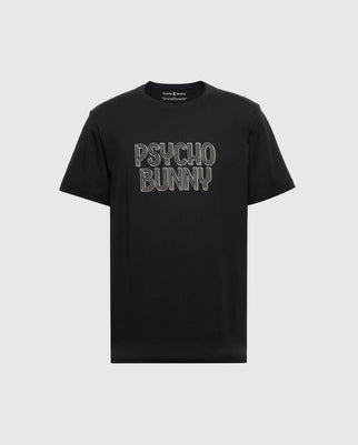The MENS MONARC WORDMARK GRAPHIC TEE - B6U210E200 by Psycho Bunny is a black T-shirt featuring "Psycho Bunny" in bold white letters. Made from 100% Pima cotton, it has a light gray background for added style.