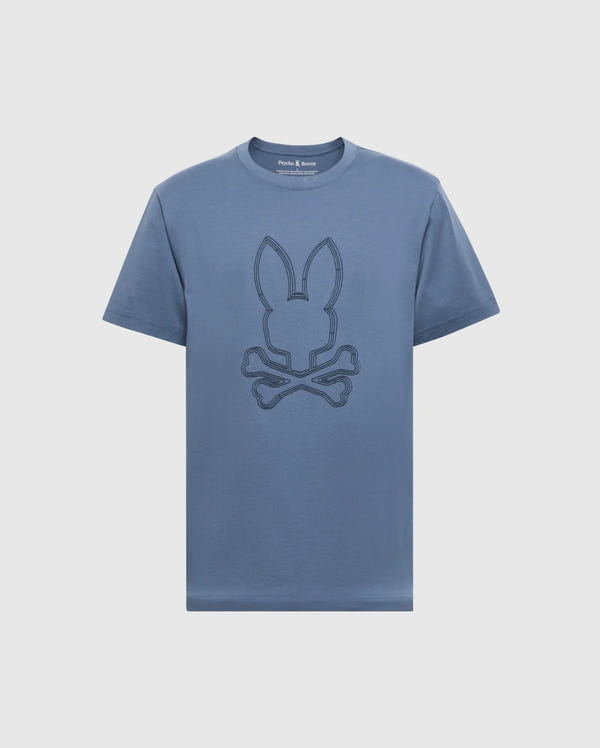 The MENS MONARC FRONT BUNNY GRAPHIC TEE by Psycho Bunny is 100% Pima cotton, featuring a stylized bunny head with crossed bones in darker blue on white, along with a round neckline and short sleeves.