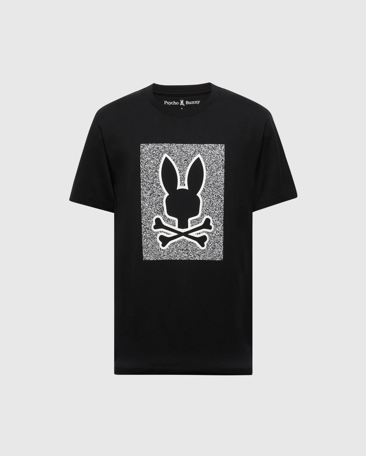 The Mens Rockton Graphic Tee (B6U247C200) by Psycho Bunny is a black Pima Cotton T-shirt, showcasing a white rectangle with a bunny head and crossbones graphic. "Psycho Bunny" text adorns the top, crafted in Peru for premium comfort and style.