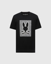 The Mens Rockton Graphic Tee (B6U247C200) by Psycho Bunny is a black Pima Cotton T-shirt, showcasing a white rectangle with a bunny head and crossbones graphic. "Psycho Bunny" text adorns the top, crafted in Peru for premium comfort and style.