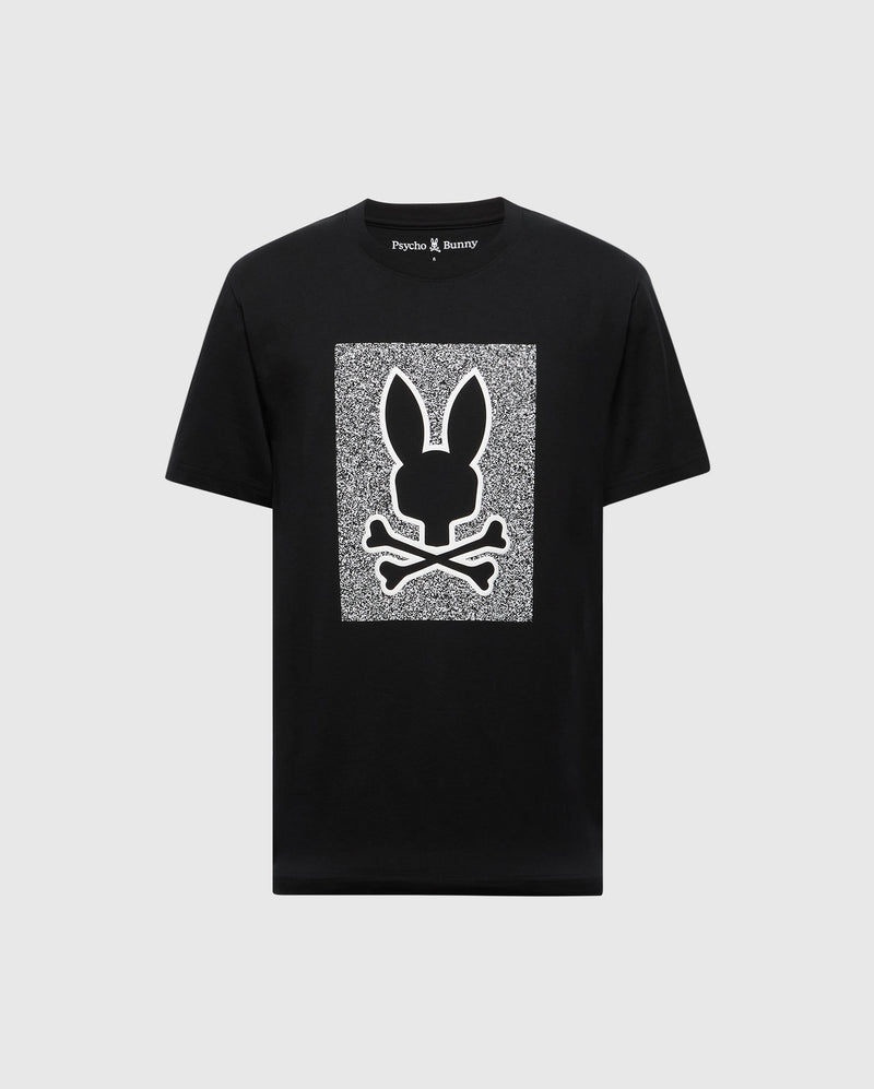 The Mens Rockton Graphic Tee (B6U247C200) by Psycho Bunny is a black Pima Cotton T-shirt, showcasing a white rectangle with a bunny head and crossbones graphic. "Psycho Bunny" text adorns the top, crafted in Peru for premium comfort and style.