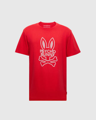 The MENS DUMON GRAPHIC TEE (B6U271E200) by Psycho Bunny in red features a striking logo with bunny ears and bones forming a skull and crossbones, crafted from premium Pima cotton for a stylish, standout look.