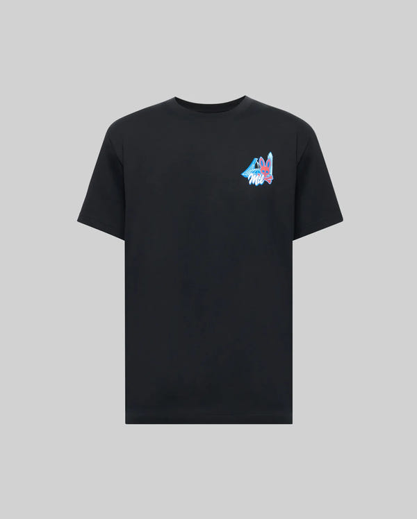 The Psycho Bunny MENS MONTREAL TEE - B6U381F200 is a plain black Pima cotton short-sleeve shirt featuring a small, colorful wolf head graphic and "Wild" on the left chest, shown against a light gray background.