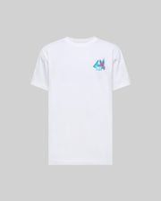 The Psycho Bunny MENS MONTREAL TEE (B6U381F200) is a plain white short-sleeve Pima cotton t-shirt featuring a small blue and pink graphic on the left chest, shown against a light gray background.