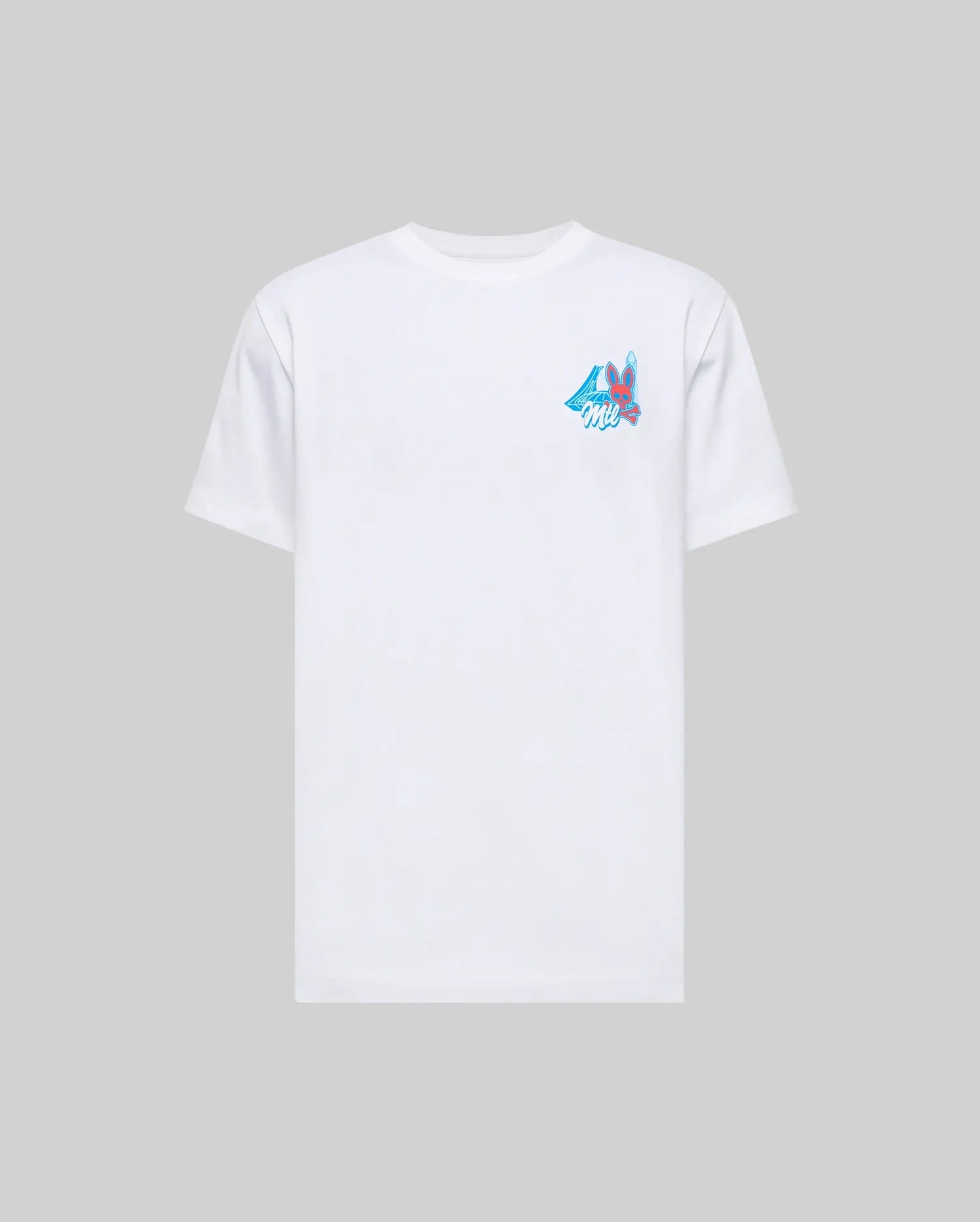 The Psycho Bunny MENS MONTREAL TEE (B6U381F200) is a plain white short-sleeve Pima cotton t-shirt featuring a small blue and pink graphic on the left chest, shown against a light gray background.