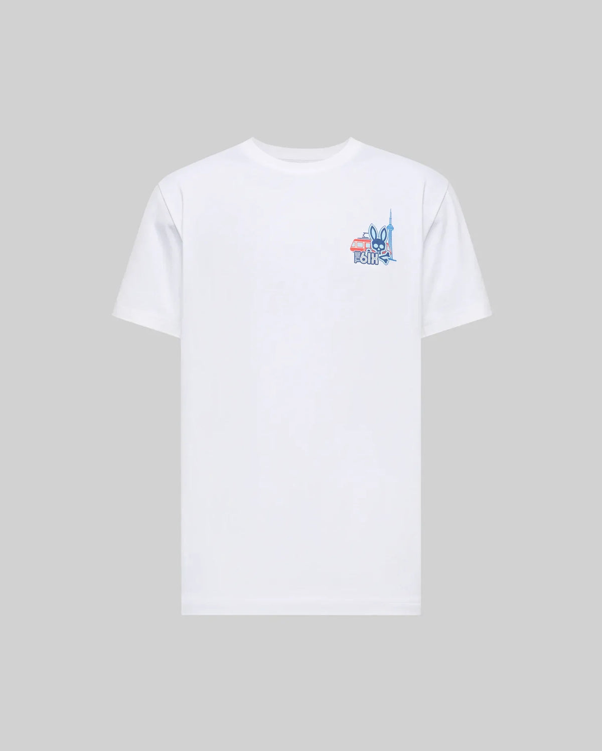 The Psycho Bunny MENS TORONTO TEE (B6U383F200) is a plain white Pima cotton short-sleeve shirt featuring a small, colorful graphic with text and a blue outlined skyline on the left chest, shown on a light gray background.