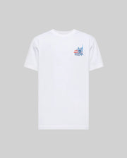 The Psycho Bunny MENS TORONTO TEE (B6U383F200) is a plain white Pima cotton short-sleeve shirt featuring a small, colorful graphic with text and a blue outlined skyline on the left chest, shown on a light gray background.
