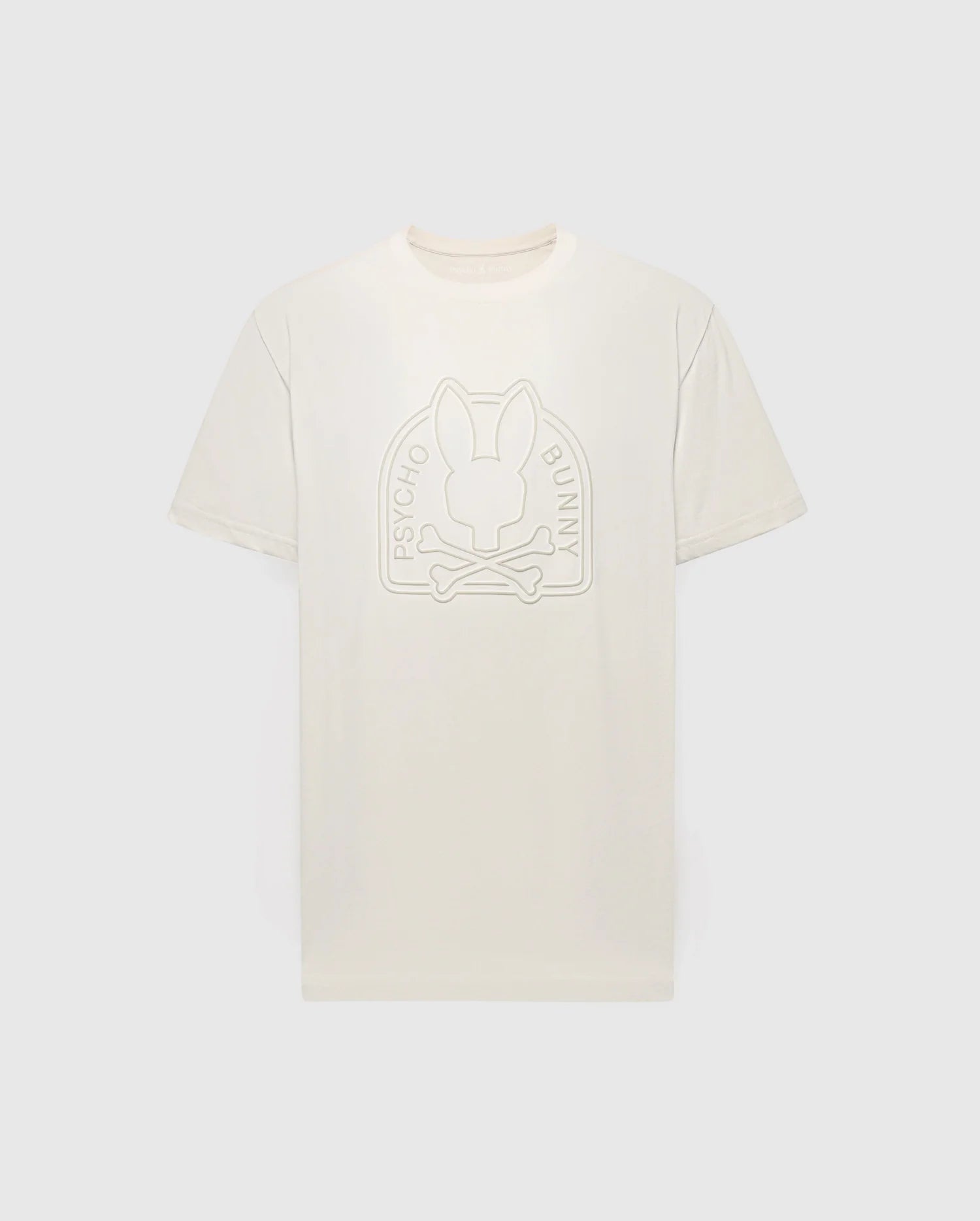 The Psycho Bunny MENS MELBOURNE GRAPHIC TEE (B6U410F200) is eco-friendly, crafted from Peruvian Pima cotton. It features a white T-shirt with a textured logo of a stylized bunny head above crossed bones, and "Psycho Bunny" embossed around the design on the front.