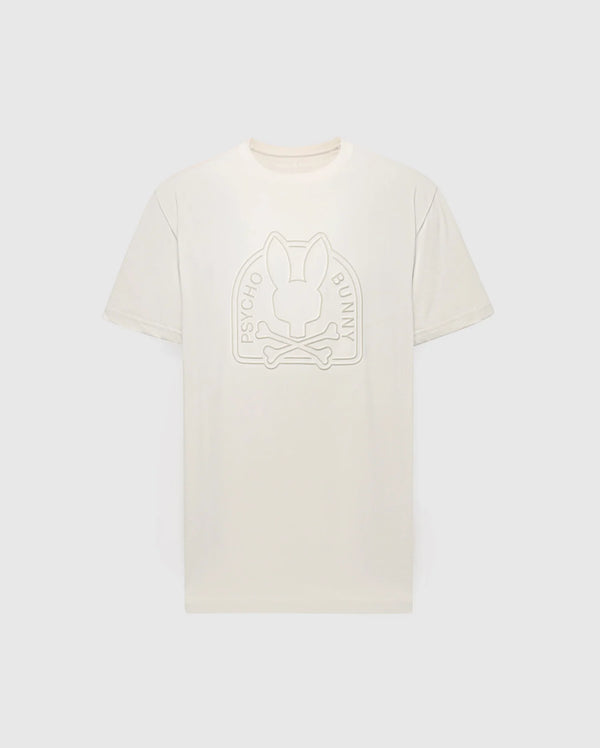 The Psycho Bunny MENS MELBOURNE GRAPHIC TEE (B6U410F200) is eco-friendly, crafted from Peruvian Pima cotton. It features a white T-shirt with a textured logo of a stylized bunny head above crossed bones, and "Psycho Bunny" embossed around the design on the front.