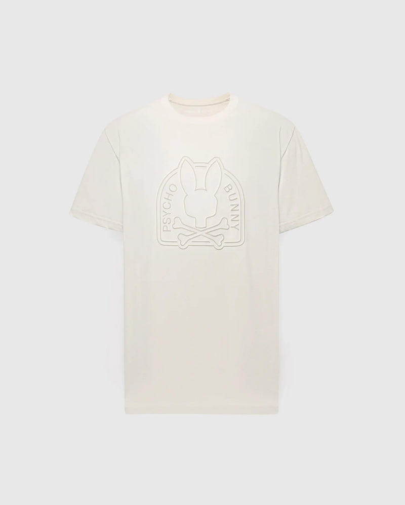 The Psycho Bunny MENS MELBOURNE GRAPHIC TEE (B6U410F200) is eco-friendly, crafted from Peruvian Pima cotton. It features a white T-shirt with a textured logo of a stylized bunny head above crossed bones, and "Psycho Bunny" embossed around the design on the front.