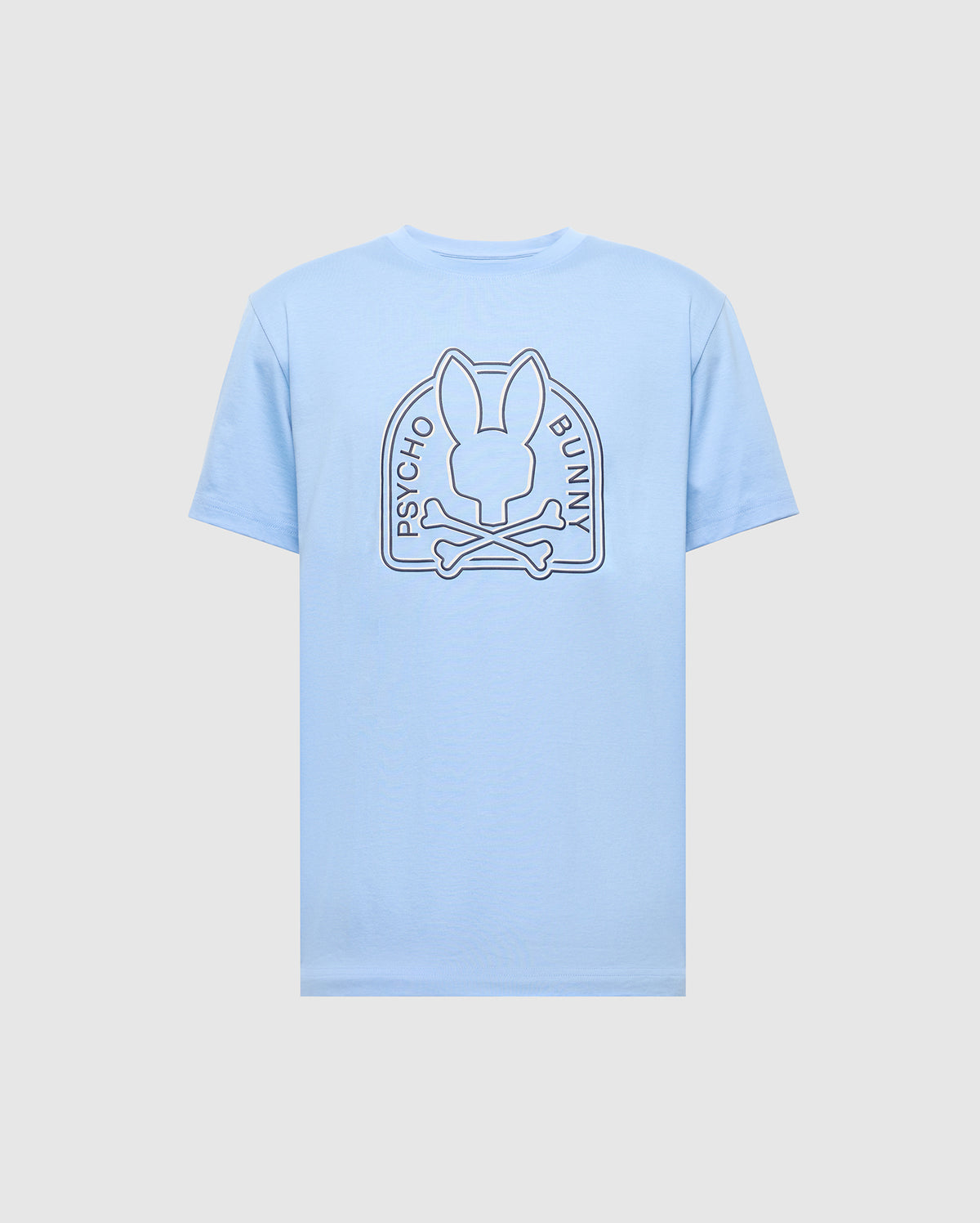 The light blue Psycho Bunny Men's Melbourne Graphic Tee (B6U410F200) presents a large back graphic of a stylized bunny head above crossbones with "Psycho Bunny" text. Made from eco-friendly Peruvian Pima cotton, it ensures comfort and sustainability.