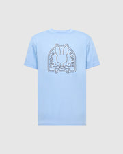 The light blue Psycho Bunny Men's Melbourne Graphic Tee (B6U410F200) presents a large back graphic of a stylized bunny head above crossbones with "Psycho Bunny" text. Made from eco-friendly Peruvian Pima cotton, it ensures comfort and sustainability.