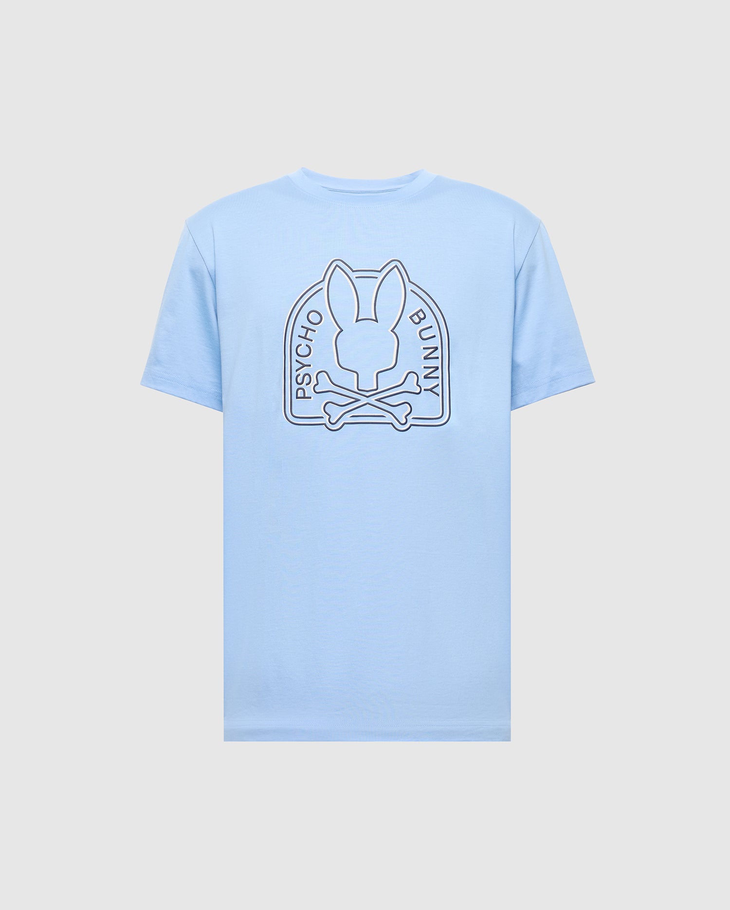 The light blue Psycho Bunny Men's Melbourne Graphic Tee (B6U410F200) presents a large back graphic of a stylized bunny head above crossbones with "Psycho Bunny" text. Made from eco-friendly Peruvian Pima cotton, it ensures comfort and sustainability.