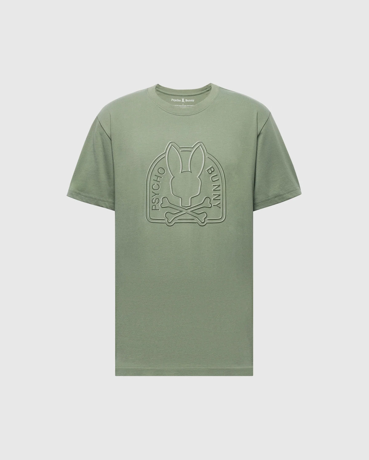 The Psycho Bunny MENS MELBOURNE GRAPHIC TEE - B6U410F200 is a sage green, eco-friendly Peruvian Pima cotton crew neck with short sleeves, featuring an embossed bunny and "Psycho Bunny" logo on the front in a minimalist style.