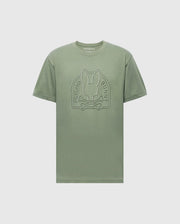 The Psycho Bunny MENS MELBOURNE GRAPHIC TEE - B6U410F200 is a sage green, eco-friendly Peruvian Pima cotton crew neck with short sleeves, featuring an embossed bunny and "Psycho Bunny" logo on the front in a minimalist style.
