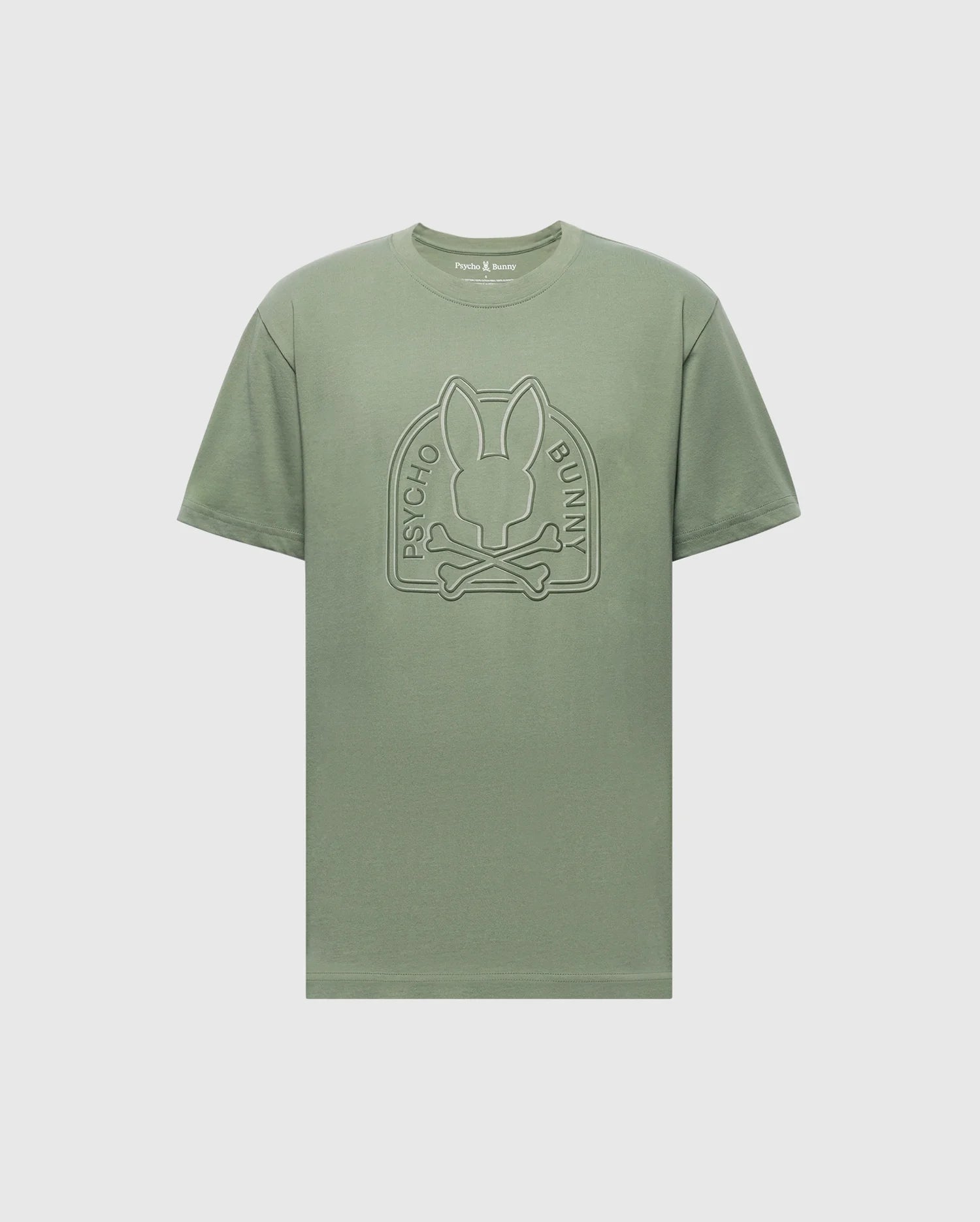 The Psycho Bunny MENS MELBOURNE GRAPHIC TEE - B6U410F200 is a sage green, eco-friendly Peruvian Pima cotton crew neck with short sleeves, featuring an embossed bunny and "Psycho Bunny" logo on the front in a minimalist style.