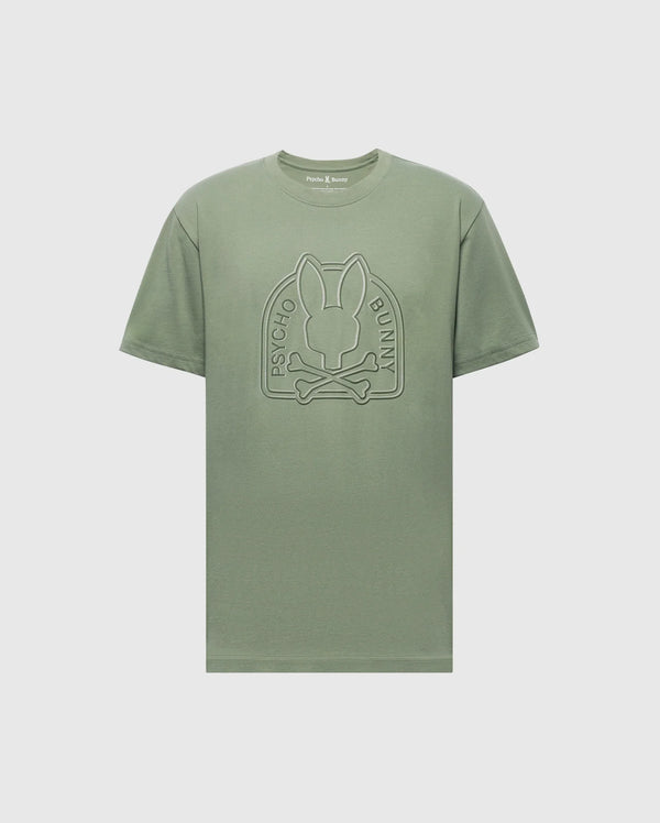 The Psycho Bunny MENS MELBOURNE GRAPHIC TEE - B6U410F200 is a sage green, eco-friendly Peruvian Pima cotton crew neck with short sleeves, featuring an embossed bunny and "Psycho Bunny" logo on the front in a minimalist style.