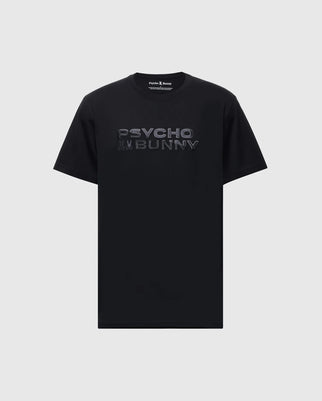 The MENS BERNI EMBROIDERED WORDMARK GRAPHIC TEE from Psycho Bunny showcases "PSYCHO BUNNY" in sleek letters on the front of this black Pima cotton tee, featuring short sleeves, a round neck, and an embroidered logo.