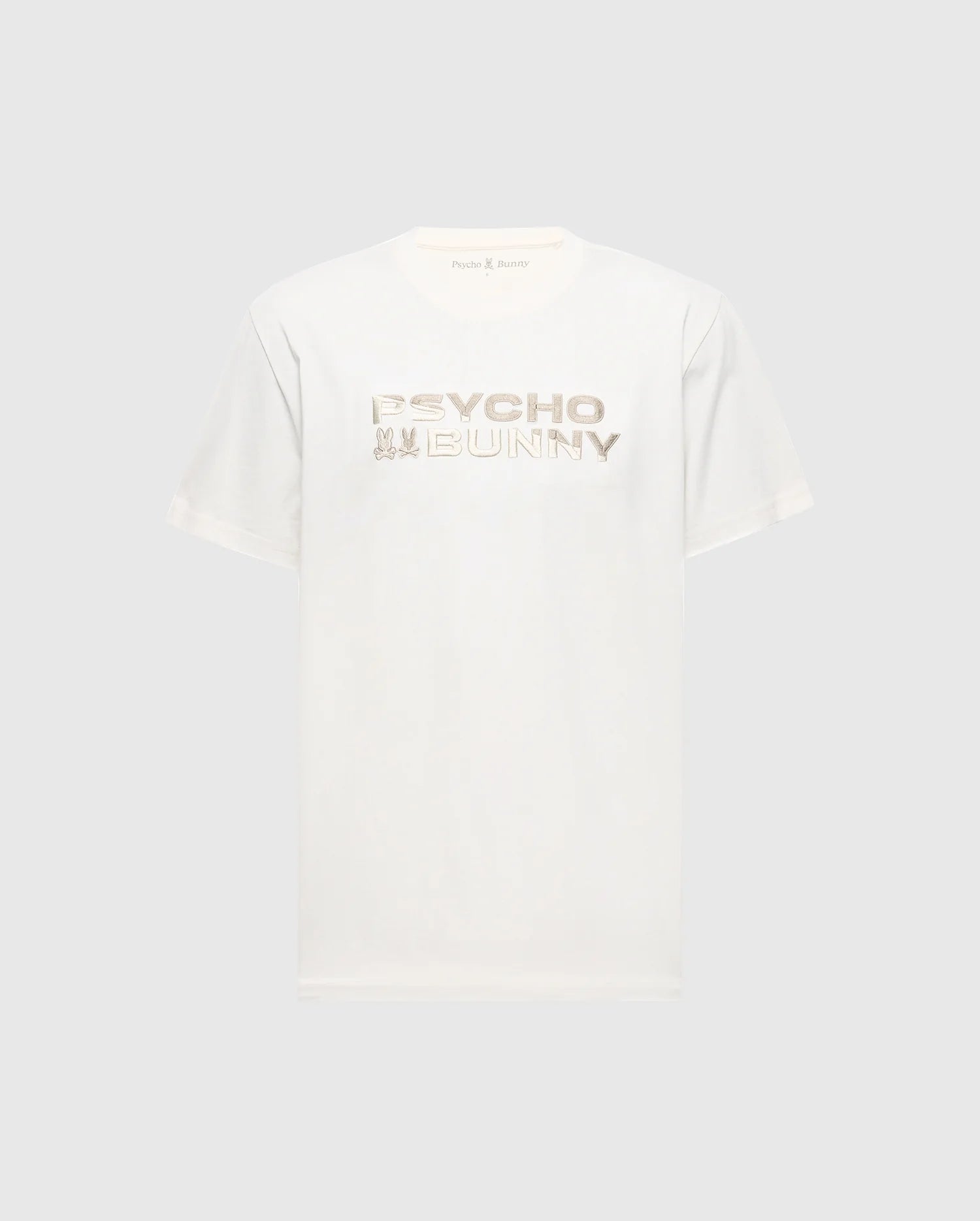 The MENS BERNI EMBROIDERED WORDMARK GRAPHIC TEE - B6U417F200 by Psycho Bunny is a white Pima cotton T-shirt showcasing the embroidered 