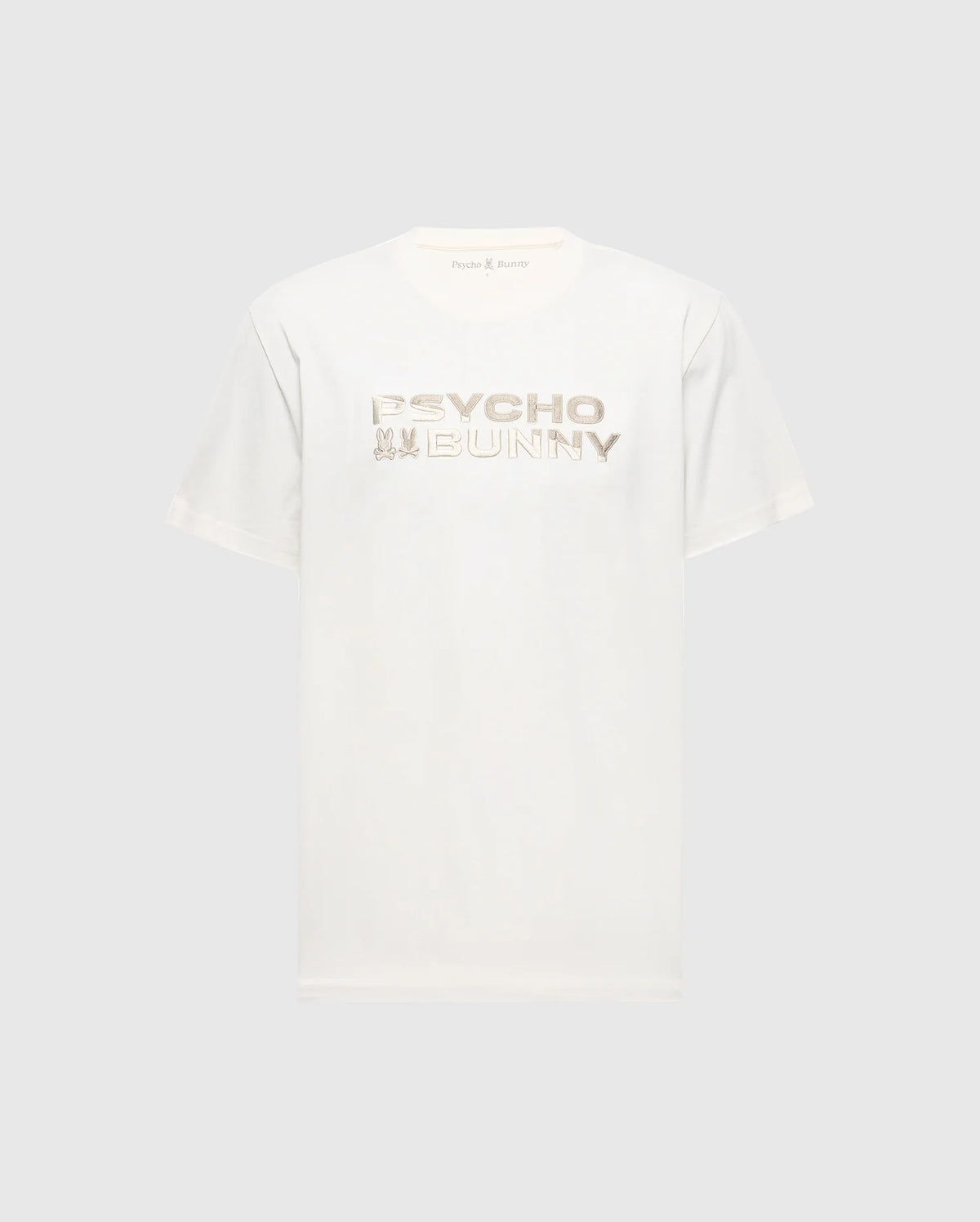 The MENS BERNI EMBROIDERED WORDMARK GRAPHIC TEE - B6U417F200 by Psycho Bunny is a white Pima cotton T-shirt showcasing the embroidered "Psycho Bunny" logo in light brown stylized text, set against a plain grey background.