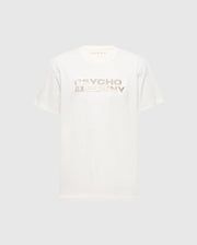 The MENS BERNI EMBROIDERED WORDMARK GRAPHIC TEE - B6U417F200 by Psycho Bunny is a white Pima cotton T-shirt showcasing the embroidered "Psycho Bunny" logo in light brown stylized text, set against a plain grey background.