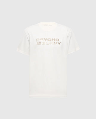The MENS BERNI EMBROIDERED WORDMARK GRAPHIC TEE - B6U417F200 by Psycho Bunny is a white Pima cotton T-shirt showcasing the embroidered "Psycho Bunny" logo in light brown stylized text, set against a plain grey background.