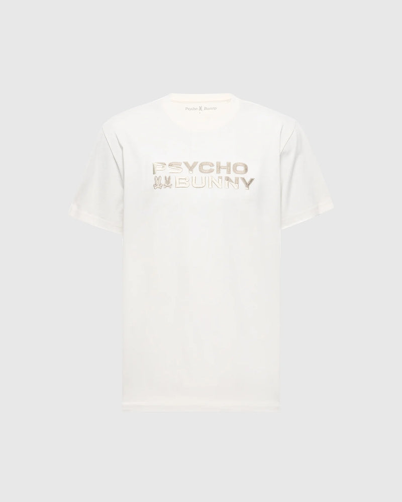 The MENS BERNI EMBROIDERED WORDMARK GRAPHIC TEE - B6U417F200 by Psycho Bunny is a white Pima cotton T-shirt showcasing the embroidered "Psycho Bunny" logo in light brown stylized text, set against a plain grey background.