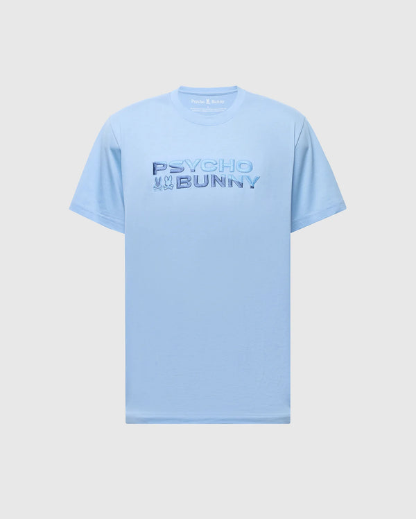 The MENS BERNI EMBROIDERED WORDMARK GRAPHIC TEE by Psycho Bunny is a light blue Pima cotton tee with "Psycho Bunny" text in darker blue across the chest and a small embroidered bunny and skull graphic. This short-sleeve, crew-neck T-shirt is breathable and offers both style and comfort.