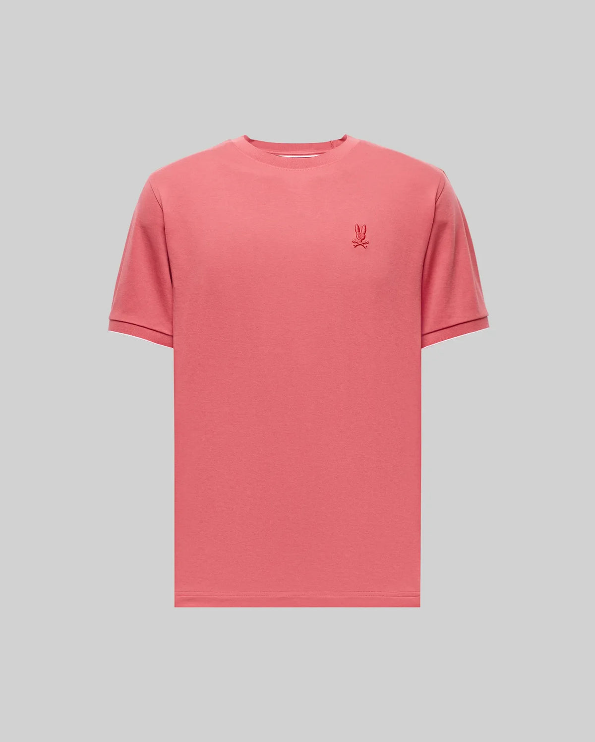 The Psycho Bunny MENS BRYCE PERFORMANCE TEE (B6U490F200) is a plain pink short-sleeve Pima cotton tee with a small embroidered logo on the left chest, shown against a light gray background.