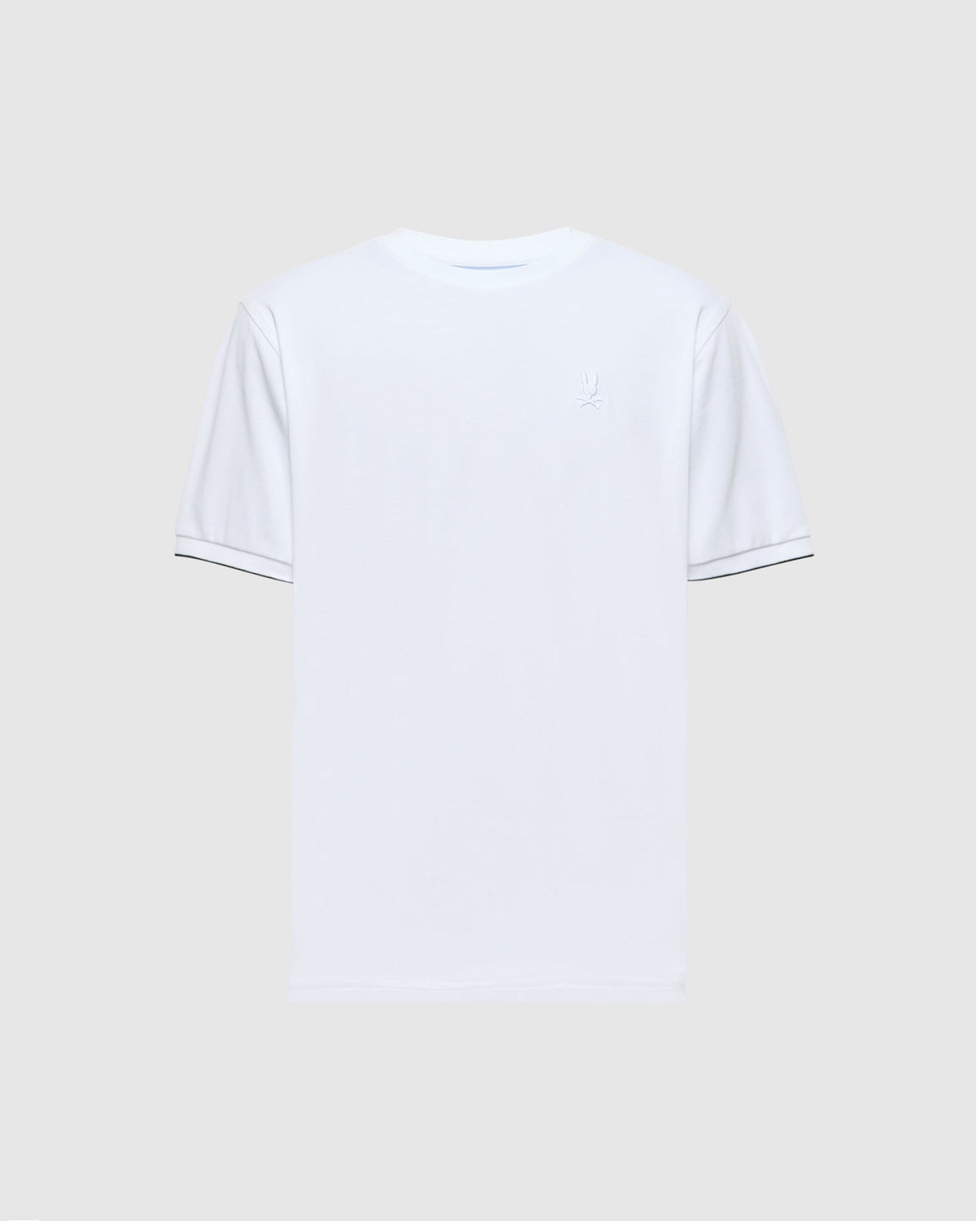 The Psycho Bunny MENS BRYCE PERFORMANCE TEE - B6U490F200 is a white, slim-fit short-sleeve T-shirt crafted from a Modal-Pima cotton blend. It features a small, subtle embroidered logo on the upper left side and has a minimalistic design with no additional patterns or colors.
