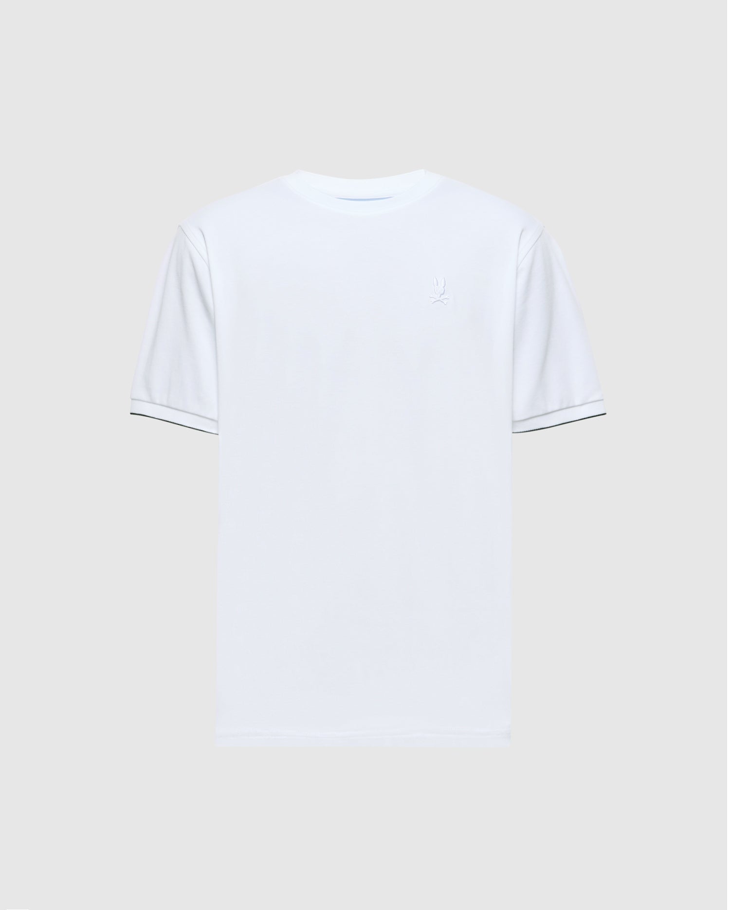 The Psycho Bunny MENS BRYCE PERFORMANCE TEE - B6U490F200 is a white, slim-fit short-sleeve T-shirt crafted from a Modal-Pima cotton blend. It features a small, subtle embroidered logo on the upper left side and has a minimalistic design with no additional patterns or colors.