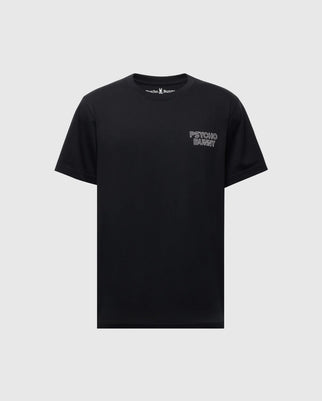 The Psycho Bunny Men's Sydney Back Graphic Tee (B6U509F200) is a regular fit, black Pima cotton T-shirt with a classic crew neck, short sleeves, and "PSYCHO BUNNY" in small white water-based print on a plain background.