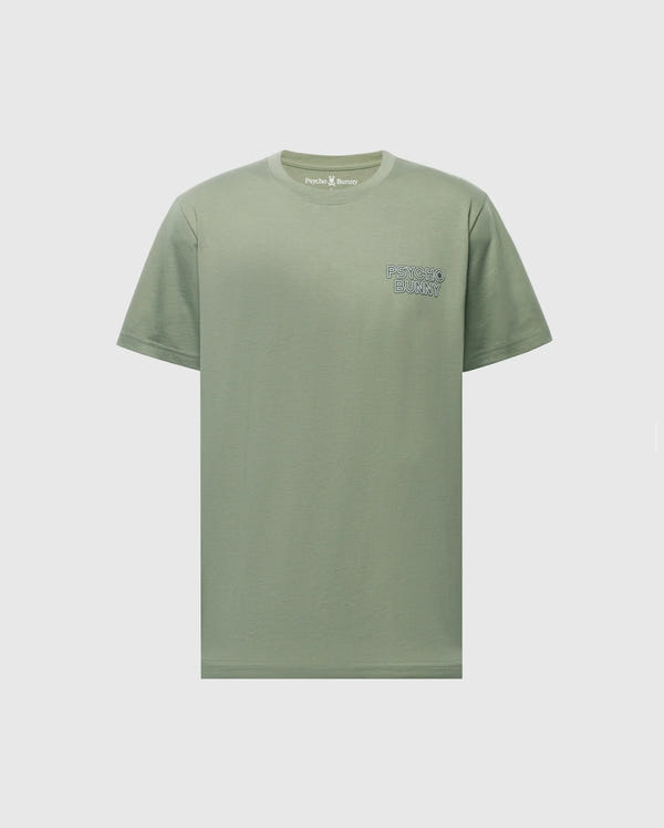 The MENS SYDNEY BACK GRAPHIC TEE - B6U509F200 by Psycho Bunny is a sage green Pima cotton short-sleeve shirt with "Psychic Bunny" and a bunny logo on the left chest, shown against a light grey background.