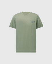 The MENS SYDNEY BACK GRAPHIC TEE - B6U509F200 by Psycho Bunny is a sage green Pima cotton short-sleeve shirt with "Psychic Bunny" and a bunny logo on the left chest, shown against a light grey background.