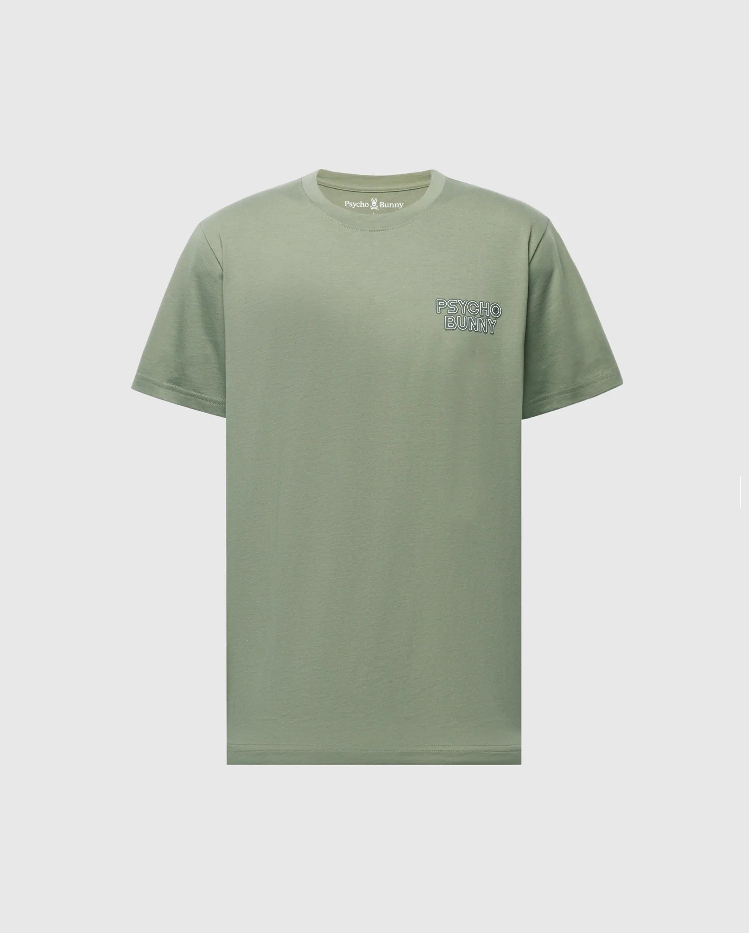 The MENS SYDNEY BACK GRAPHIC TEE - B6U509F200 by Psycho Bunny is a sage green Pima cotton short-sleeve shirt with "Psychic Bunny" and a bunny logo on the left chest, shown against a light grey background.