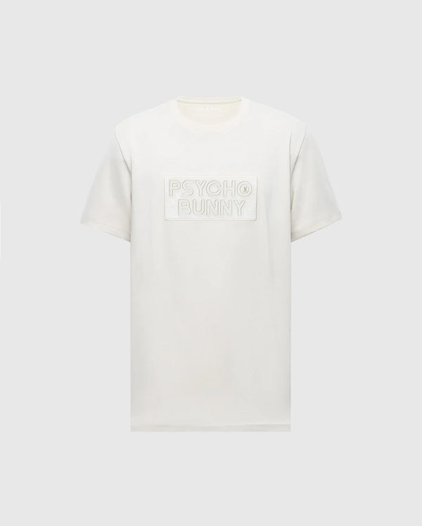 The Psycho Bunny MENS SYDNEY WORDMARK GRAPHIC TEE (B6U510F200) is a white short-sleeve Pima cotton shirt with a chest patch featuring the embossed Sydney Wordmark graphic on a light gray background.