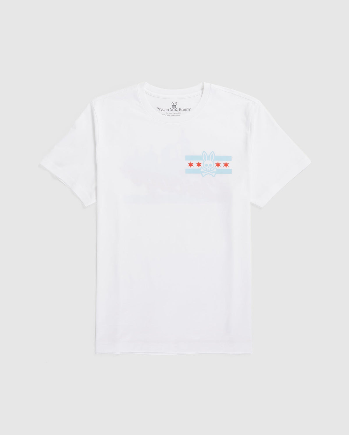 The MENS CHICAGO CITY TEE by Psycho Bunny is a white Pima cotton T-shirt, highlighted by a light blue graphic with red stars and a small bunny logo at the center.