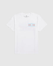 The MENS CHICAGO CITY TEE by Psycho Bunny is a white Pima cotton T-shirt, highlighted by a light blue graphic with red stars and a small bunny logo at the center.