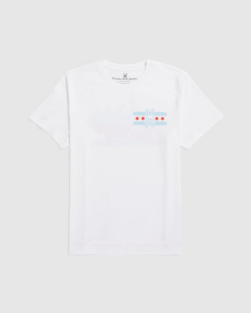 The MENS CHICAGO CITY TEE by Psycho Bunny is a white Pima cotton T-shirt, highlighted by a light blue graphic with red stars and a small bunny logo at the center.