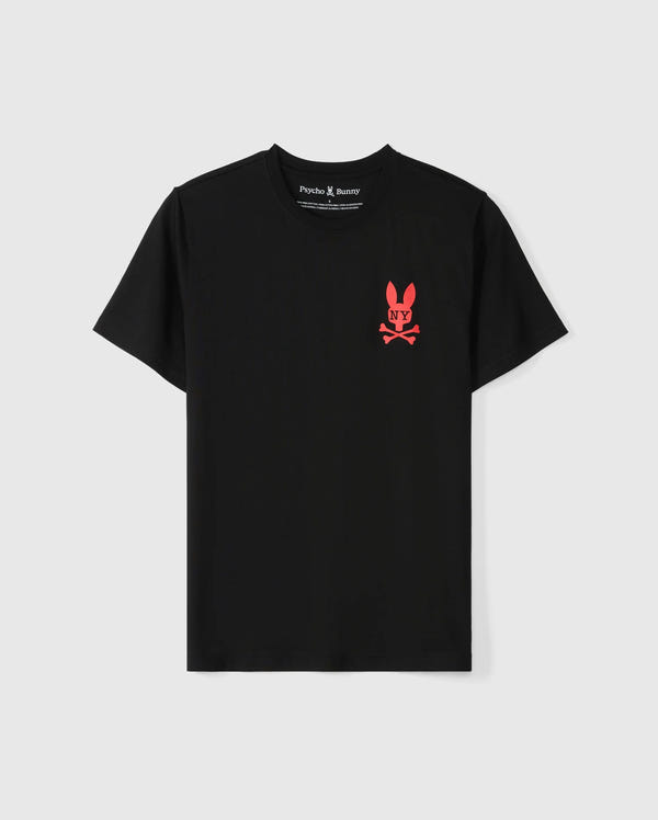 The Psycho Bunny MENS NEW YORK TEE - B6U554W1PC is a stylish black tee crafted from soft Pima cotton. It features a small red bunny logo with X-shaped eyes on the left chest, along with "NY" above crossed bones for a distinctive look.