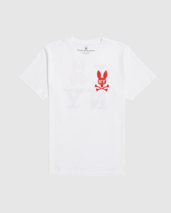 A white Pima cotton jersey MENS NEW YORK TEE - B6U554W1PC with a small red graphic on the left chest area featuring bunny ears, a skull, and crossbones with the letters "NY" in the center. The tag inside the collar reads "Psycho Bunny".